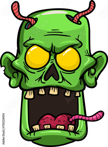 Cartoon funny green zombie character design with scary face expression. Halloween vector. Great for package design or party decoration