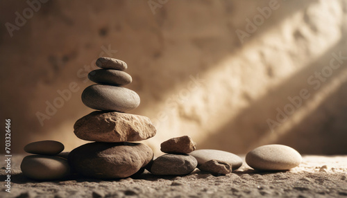 Photography Stack of stone pebbles against beige wall for design and presentation