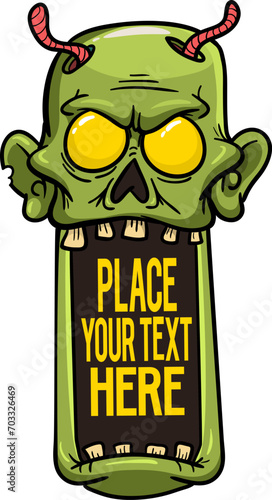 Cartoon funny green zombie character design with scary face expression. Halloween vector. Great for package design or party decoration