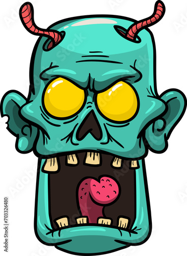 Cartoon funny green zombie character design with scary face expression. Halloween vector. Great for package design or party decoration