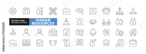 Set of 36 Human Resources line icons set. Human Resources outline icons with editable stroke collection. Includes Team, Portfolio, Organisation, Vacant Place, Salary, and More.
