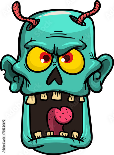 Cartoon funny green zombie character design with scary face expression. Halloween vector. Great for package design or party decoration