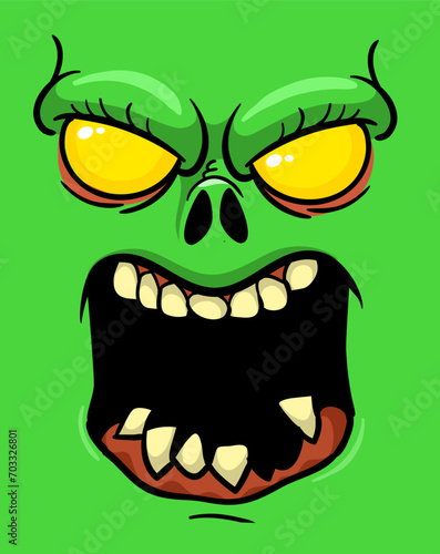 Cartoon funny green zombie character design with scary face expression. Halloween vector. Great for package design or party decoration