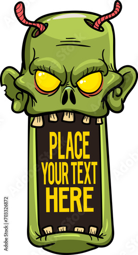 Cartoon funny green zombie character design with scary face expression. Halloween vector. Great for package design or party decoration