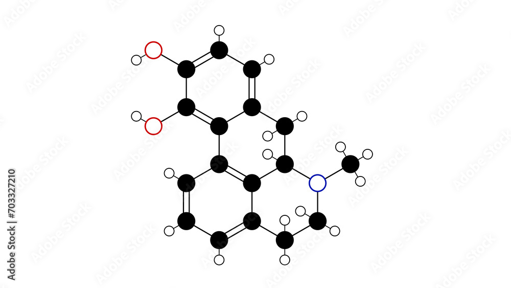apomorphine molecule, structural chemical formula, ball-and-stick model, isolated image apokyn
