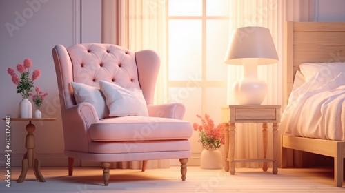 Paste pink armchair and lamp in elegant bedroom interior with comfortable bed with pillows  blanket and duvet  warm carpet on floor