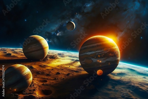 Cosmos Distant Planets. The Captivating Image of a Starry Cosmos with Distant Glowing Planets and Nebulas