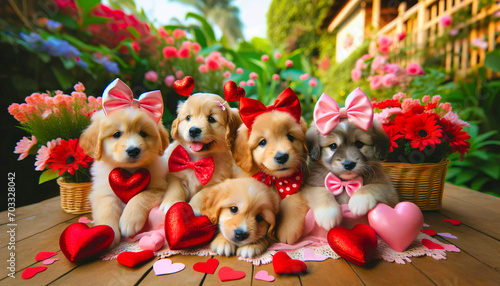 A playful ensemble of puppies celebrates romantic days like Valentine s Day amidst a blooming garden  their eyes reflecting joy and love  surrounded by a vibrant floral array.