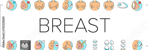 breast surgery body woman plastic icons set vector. beauty implant, medical skin, cosmetic female, health augmentation, chest silicone breast surgery body woman plastic color line illustrations