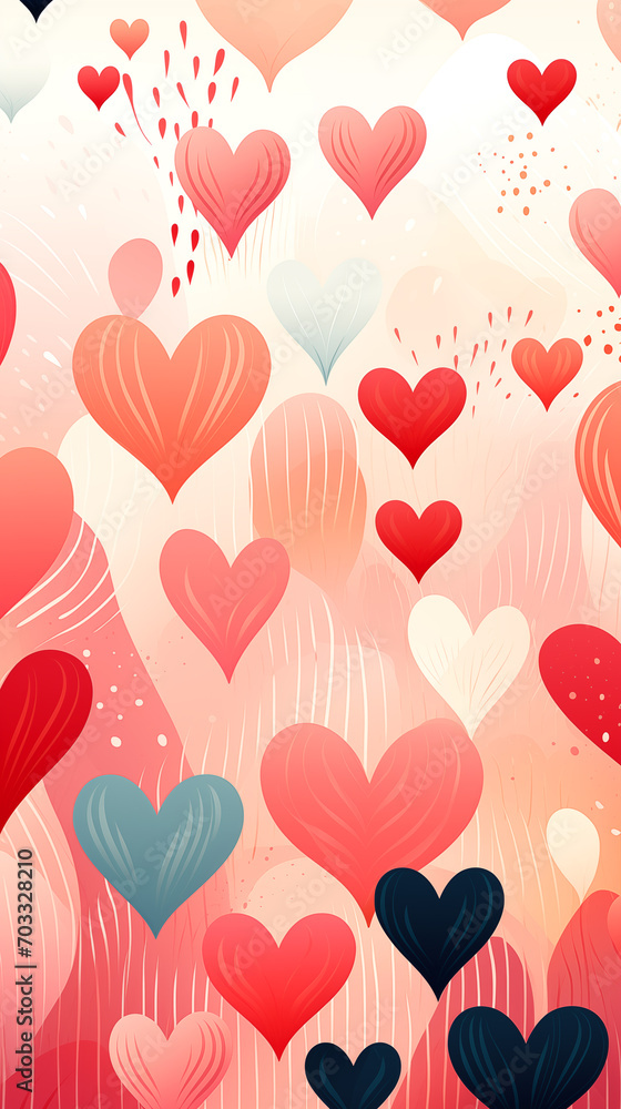 Valentine's day watercolor abstract hearts background card, delightful boho illustration, artistic doodle.
