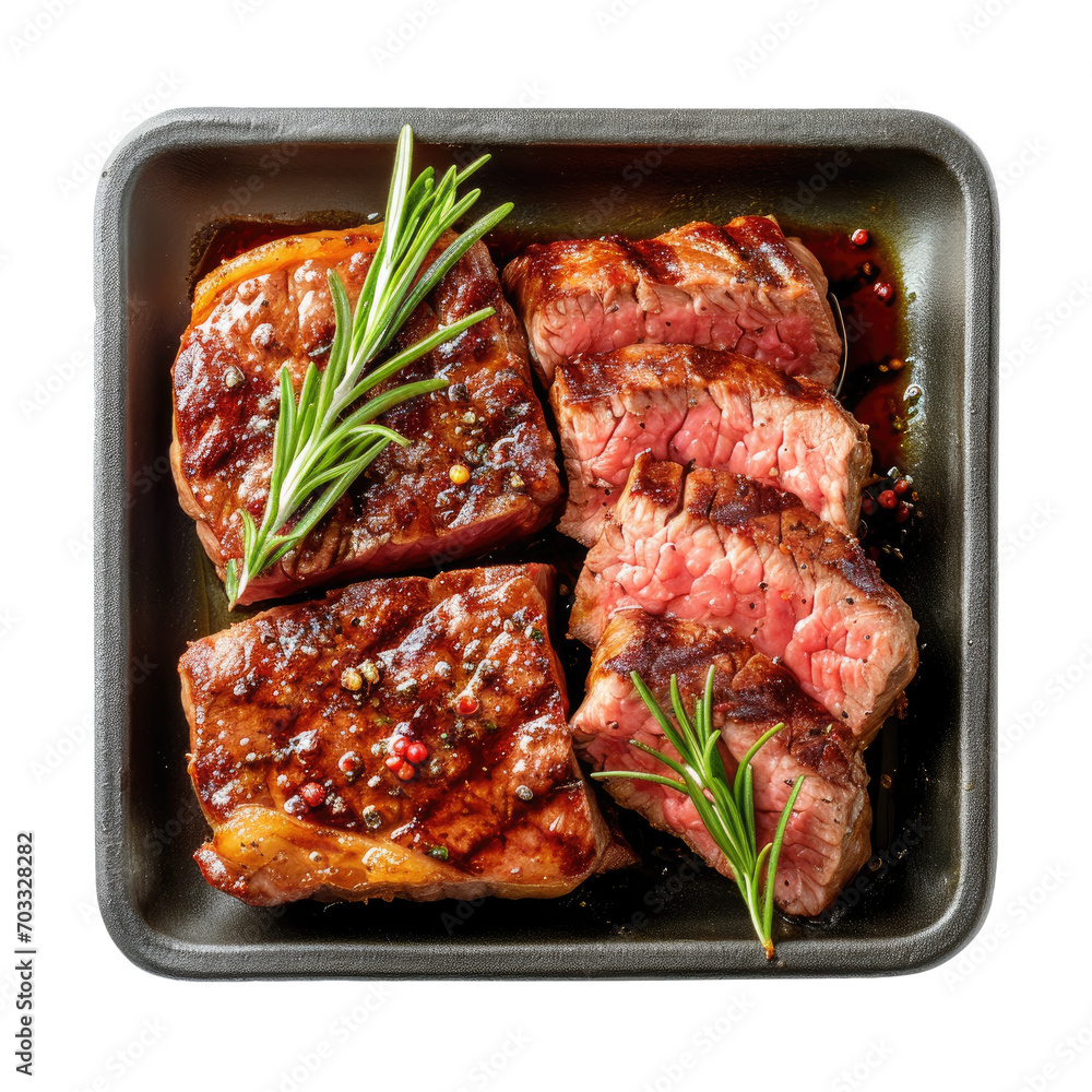grilled meat with rosemary on black plate. transparent background grilled meat with rosemary on black plate. transparent background