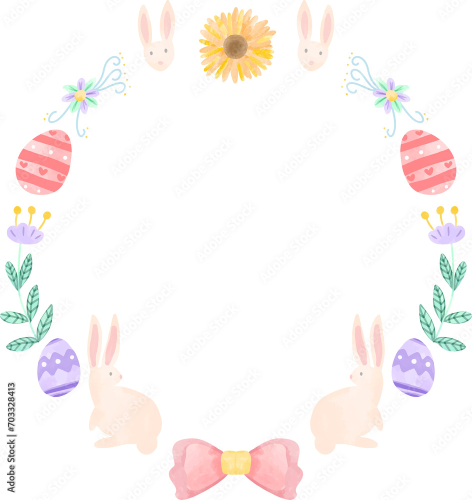 easter bunny frame boader wreath watercolor hand drawn illustration