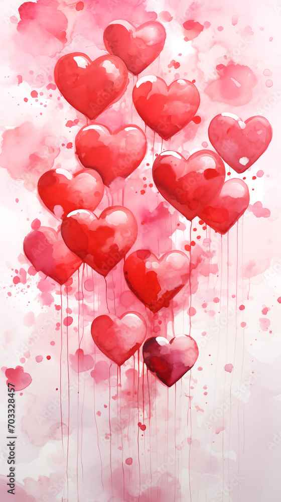 Valentine's Day card. Watercolor red hearts on white background.