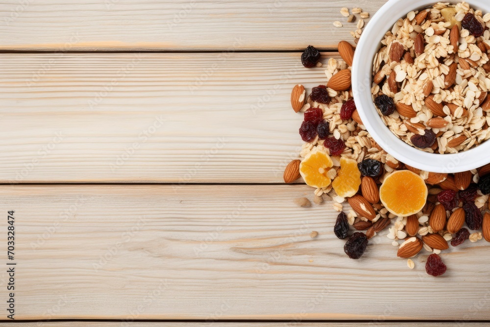 bowl of oat granola with yogurt, fresh raspberries, blueberries, strawberries, blackberries and nuts on wooden board bowl of oat granola with yogurt, fresh raspberries, blueberries, strawberries, blackberries and nuts on wooden board