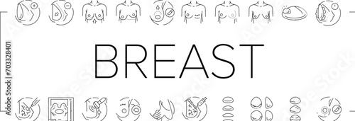 breast surgery body woman plastic icons set vector. beauty implant, medical skin, cosmetic female, health augmentation, chest silicone breast surgery body woman plastic black line illustrations