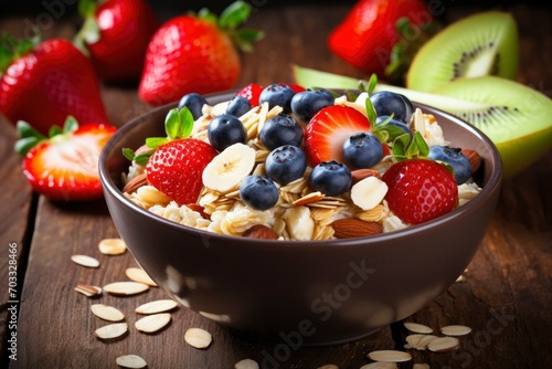 bowl of oat granola with yogurt  fresh raspberries  blueberries  strawberries  blackberries and nuts on wooden board