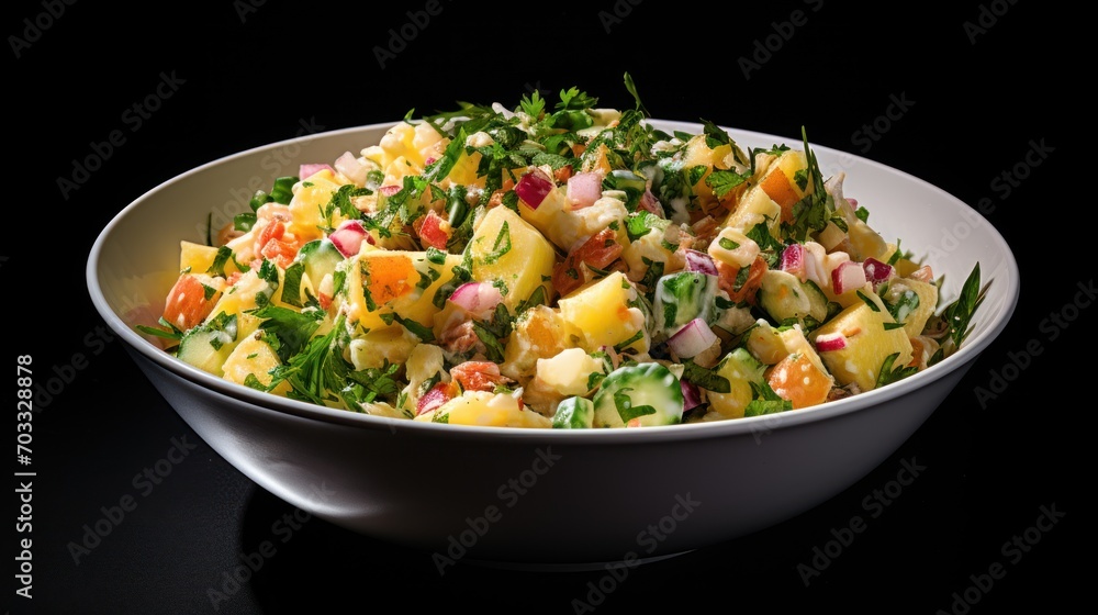 a close up of a salad in a bowl on a black table with a black back ground and a black background. a close up of a salad in a bowl on a black table with a black back ground and a black background.