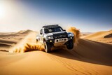 Desert Rally. 4X4 in the Dakar Desert Rally. Sports Car Racing through Desert. Off-Road Pickup Truck in the Desert Sand.