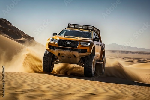 Desert Rally. 4X4 in the Dakar Desert Rally. Sports Car Racing through Desert. Off-Road Pickup Truck in the Desert Sand. © Radovan
