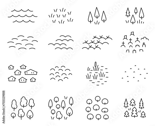Design map legend symbolization elements kit. Editable outline. Vector line icons.