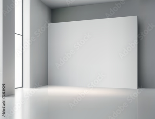 Empty white studio room with blank table podium.
