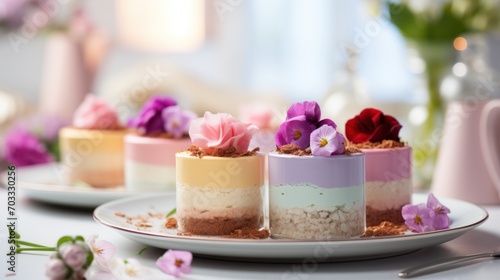  a close up of a plate of desserts on a table with flowers in the background and a vase of flowers in the foreground.