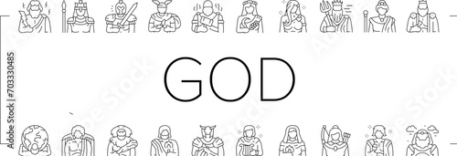 greek god mythology ancient icons set vector. goddess art, antique poseidon, gods zeus, greece dionysus, aphrodite athena, apollo greek god mythology ancient black line illustrations