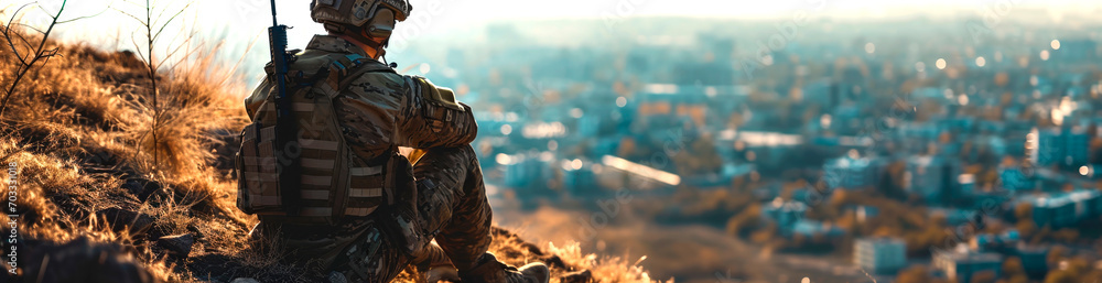 A soldier looks at the city from a high vantage point. AI generated. A soldier looks at the city from a high vantage point. AI generated.