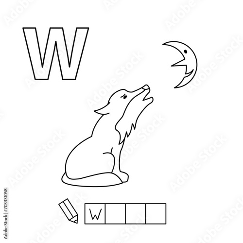 Cartoon wolf coloring pages. Learning game for small children - write a word in English language. Vector alphabet for kids
