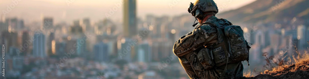 Fototapeta premium A soldier looks at the city from a high vantage point. AI generated.