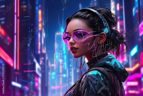 Futuristic City Under Neon-lit Streets With Modern Woman. Cyberpunk Futuristic Woman in Near Future.