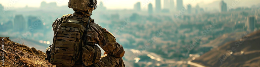 A soldier looks at the city from a high vantage point. AI generated. A soldier looks at the city from a high vantage point. AI generated.