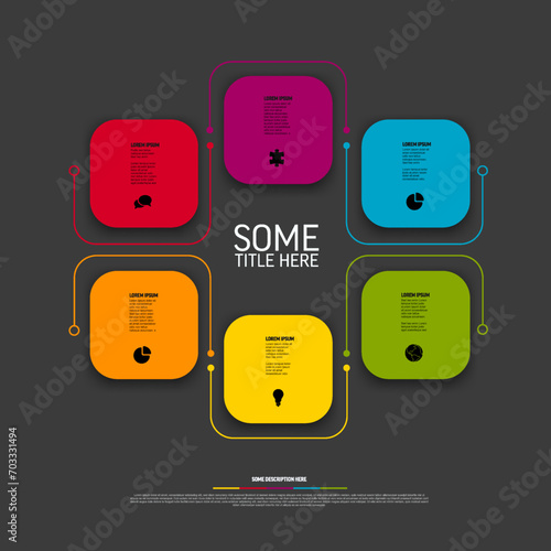 Color six elements template with square cards icons and description on dark background