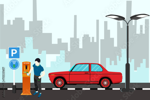 Parking meters.Parking lot with authorized parking machine.Self service parking pay.Wireless, contactless or cashless payments, rfid nfc.