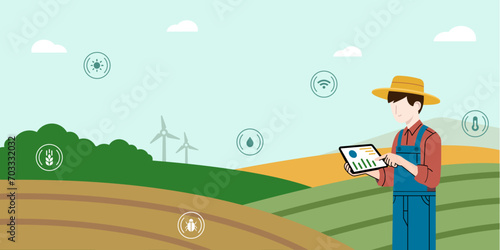 Smart farm technology. Farmer uses technology for agriculture, sensors control tablet. Digital iot farming.
Vector illustration.