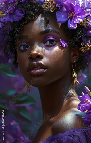 Woman with Floral Adornment in Purple. Radiant Woman with Purple Floral Adornment. © AI Visual Vault