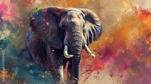 Portrait face of an elephant with colorful paint.