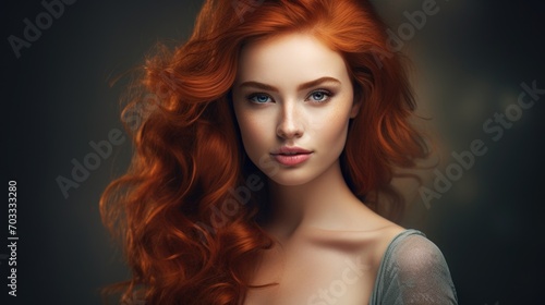 close-up studio fashion portrait of a face of a young redhead woman with perfect skin, red hair and immaculate make-up. Skin beauty and hormonal female health concept