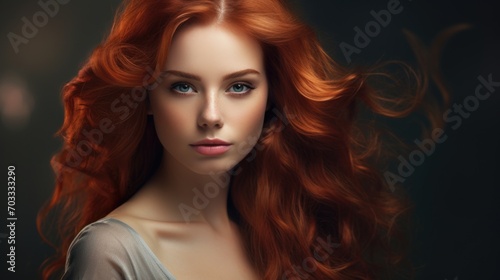 close-up studio fashion portrait of a face of a young redhead woman with perfect skin  red hair and immaculate make-up. Skin beauty and hormonal female health concept