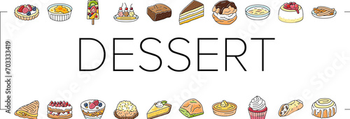 dessert sweet food cake candy icons set vector. pastry chocolate, bakery cupcake, delicious cream, party tasty, birthday cookie dessert sweet food cake candy color line illustrations