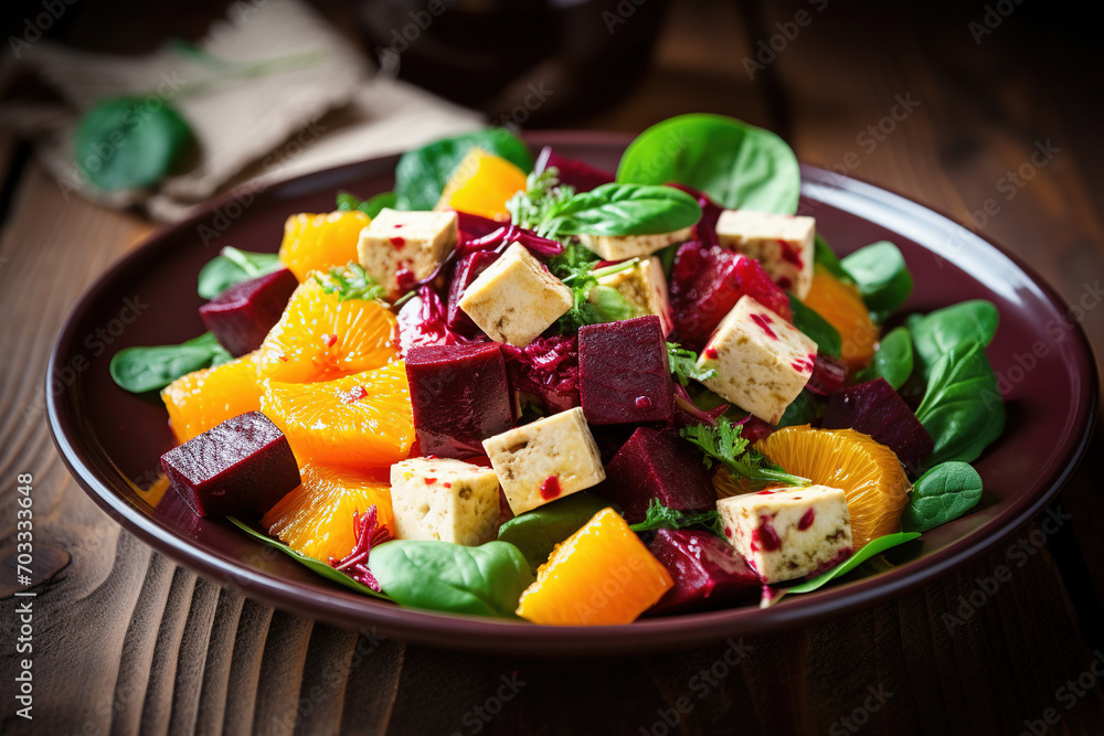 salad with beets, spinach, orange, tofu in plate on wooden table background salad with beets, spinach, orange, tofu in plate on wooden table background