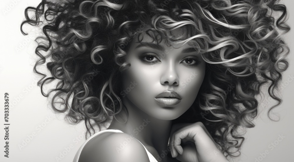 illustration of a portrait of a stunning woman with voluminous, curly hair illustration of a portrait of a stunning woman with voluminous, curly hair