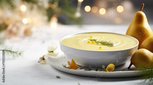  a white plate topped with a bowl of soup next to a couple of pears and a sprig of rosemary.