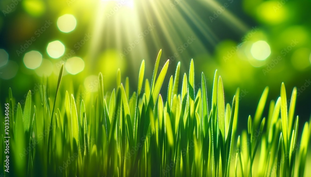 A beautiful natural background macro image of young, juicy green grass in the bright morning sunlight of spring or summer