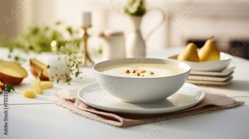  a close up of a bowl of soup on a table with pears and a pitcher of tea in the background. photo