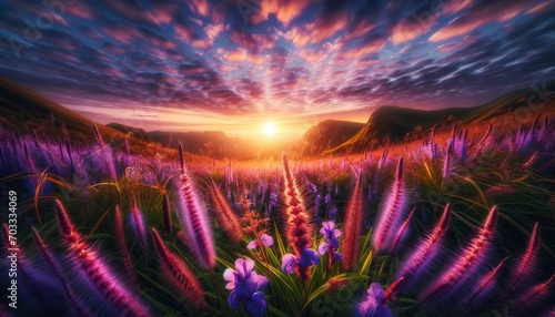 A panoramic natural landscape at sunset  showcasing a field of purple wild grass and flowers
