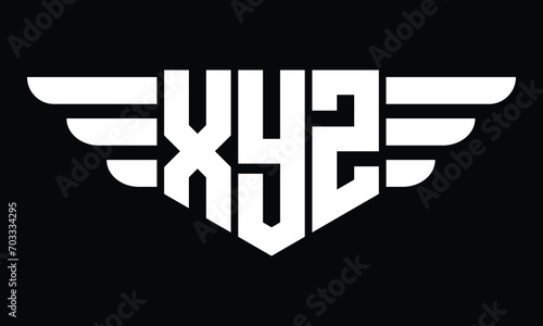 XYZ three letter logo, creative wings shape logo design vector template. letter mark, word mark, monogram symbol on black & white. photo