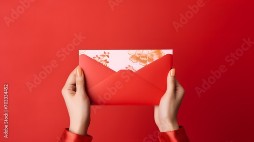 A red envelope, vertical style, holding by hand isolated on red background. Hongbao packet for lucky money gift in Chinese lunar, new year on January month, wedding red packet. photo