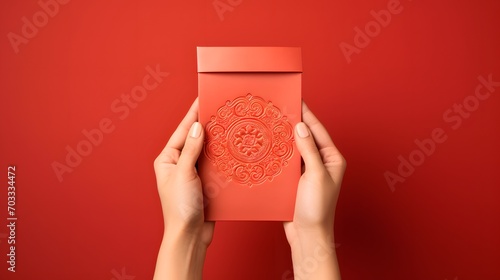 A red envelope, vertical style, holding by hand isolated on red background. Hongbao packet for lucky money gift in Chinese lunar, new year on January month, wedding red packet. photo