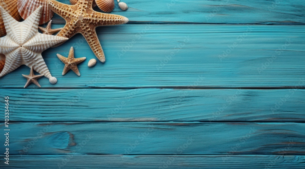 Divers coquillages et étoiles de mer sur un fond bleu en bois Divers coquillages et étoiles de mer sur un fond bleu en bois